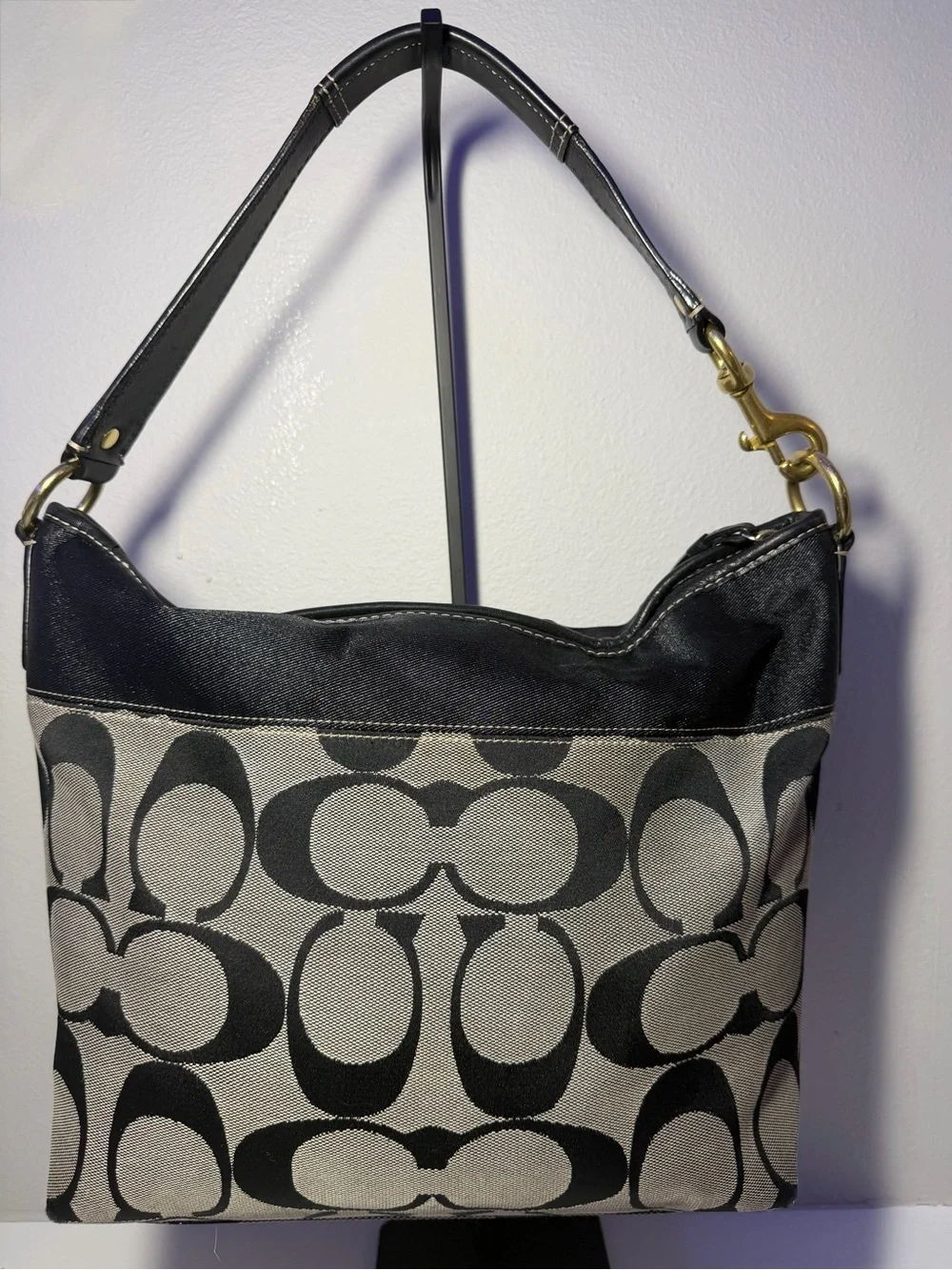 Coach Black and Gray Signature Canvas Shoulder Bag